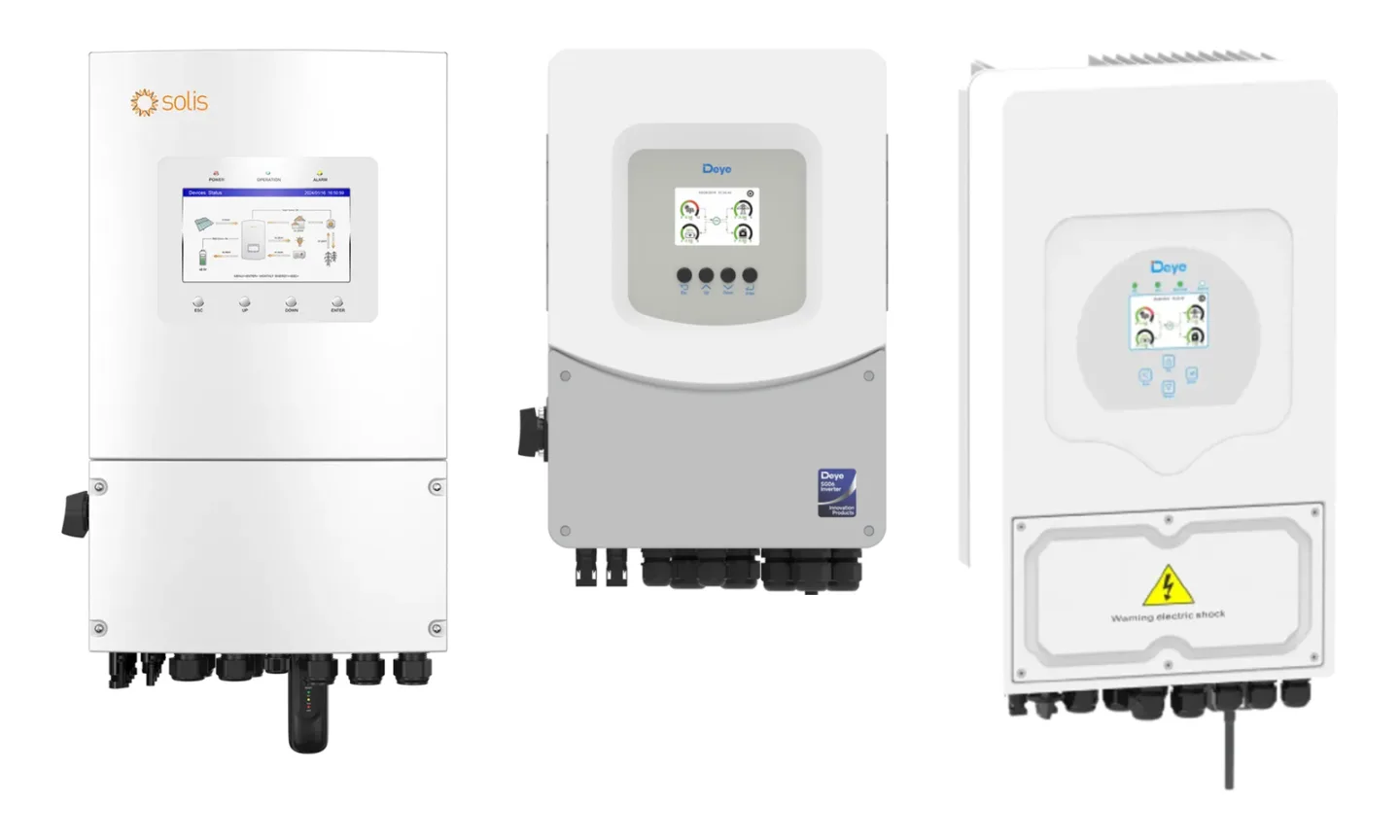 Інвертори Solis S6-EH1P6K-L-PLUS, Deye SUN-6K-SG06LP1-EU-BM2 і Deye SUN-6K-SG05LP1-EU поруч